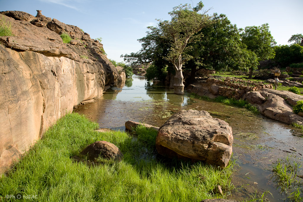 País Dogón. Mali. Entre las aldeas de Nombori y Begnimato. Formaciones geológicas en la parte superior de la falla de Bandiagara. Un baobab en el centro de la imagen.