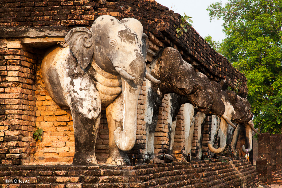 Centro histórico de la antigua ciudad de Sukhothai, declarada Patrimonio de la Humanidad por la UNESCO. Templo "Wat Chang Lom", que quiere decir "Templo Rodeado de Elefantes".